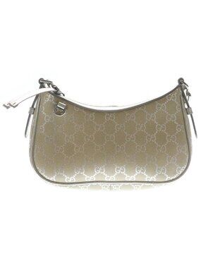 Gucci GG Emblem Small 2-Way Leather Chain Shoulder Bag Silver Beige